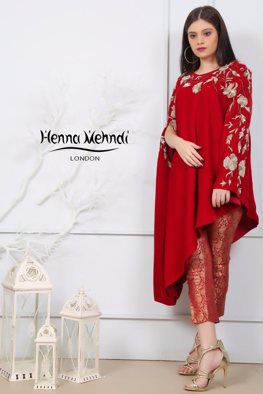 Red Velvet Embroidered Cape Outfit - Henna Mehndi