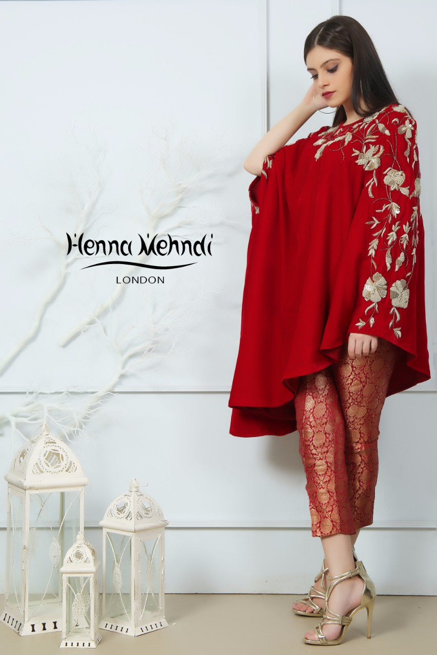 Red Velvet Embroidered Cape Outfit - Henna Mehndi