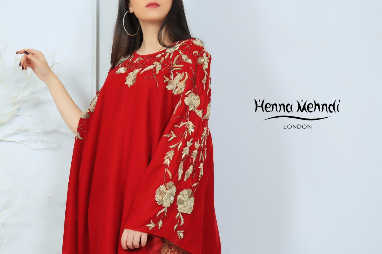 Red Velvet Embroidered Cape Outfit - Henna Mehndi